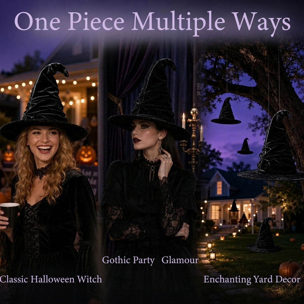 15.8 Inch Ruched Halloween Black Velvet Witch Hat for Women Girls