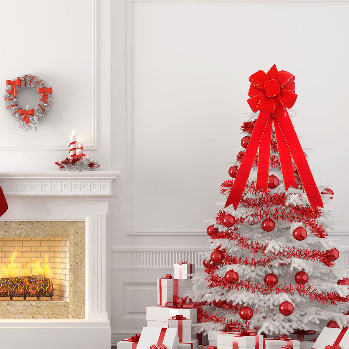 2pcs 31-Inch Velvet Red Bows for Christmas Tree, Handmade Christmas Bow Tree Topper-Gold Wire-Fluffy Sturdy Shape-Retaining, Gift Boxed & Ready-to-Use for Wreath Floral Fireplace Outdoor Car Garden