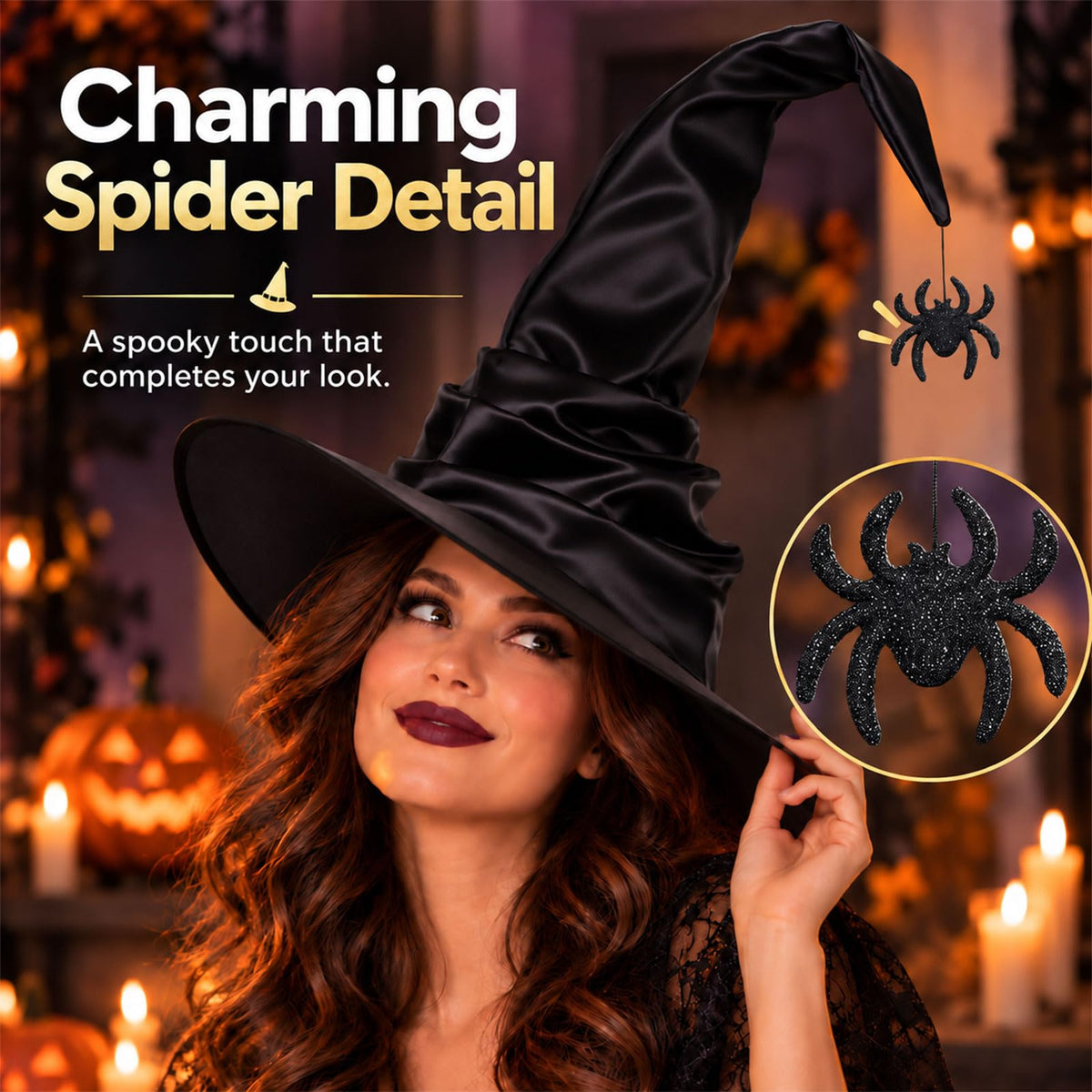 Black Witch Hat for Adults with Spider, Satin Halloween Costume Hat