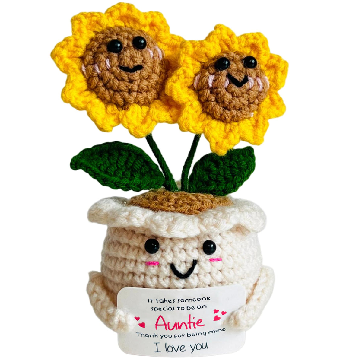 Handmade Emotional Support Crochet Sunflower, Cute Amigurumi Flower Decor with Appreciation Card, Sentimental Gifts for Auntie from Niece or Nephew, Birthday Mother's Day Thank You Gift for Aunt