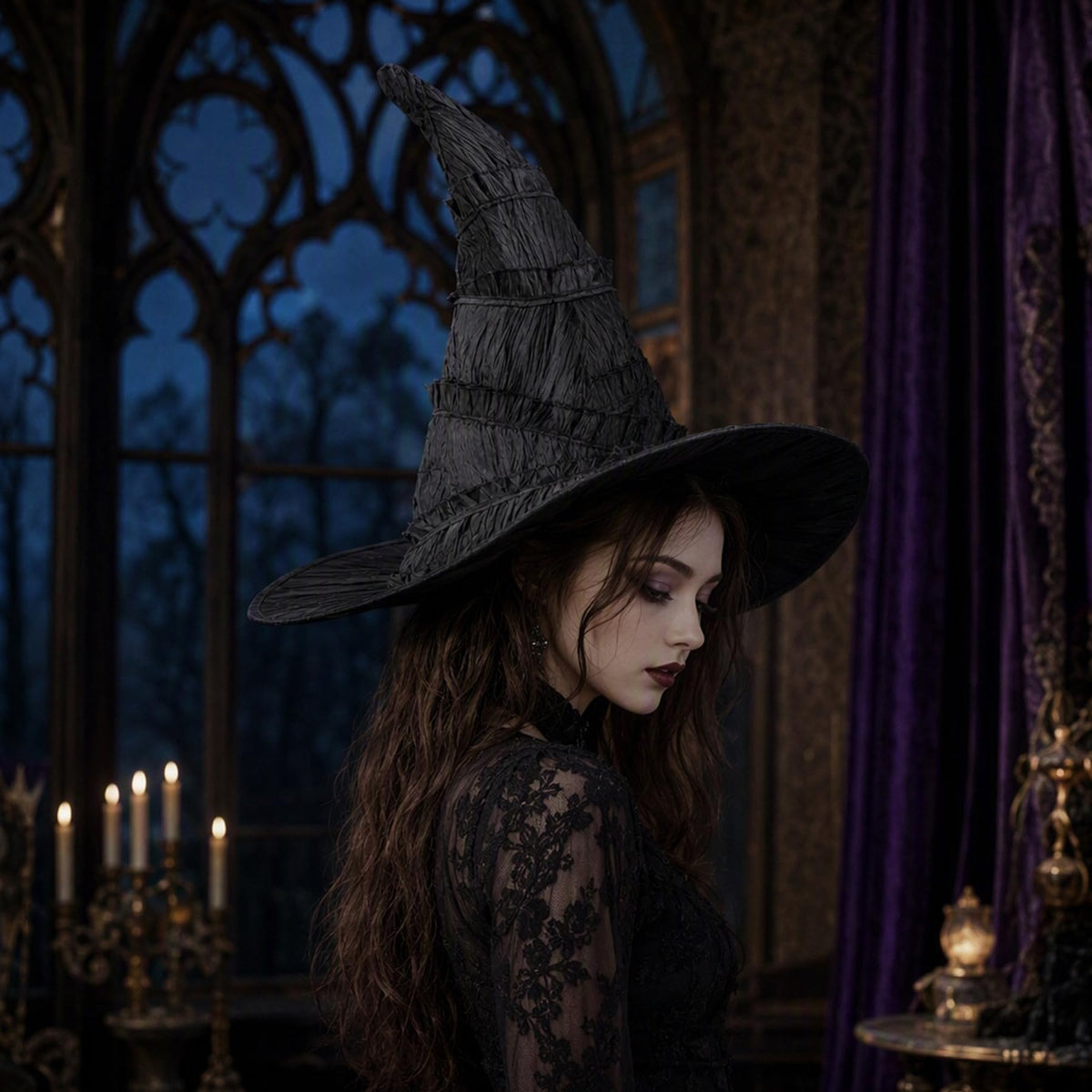 15.8" Halloween Black Ruched Witch Hat for Women Girls Costume