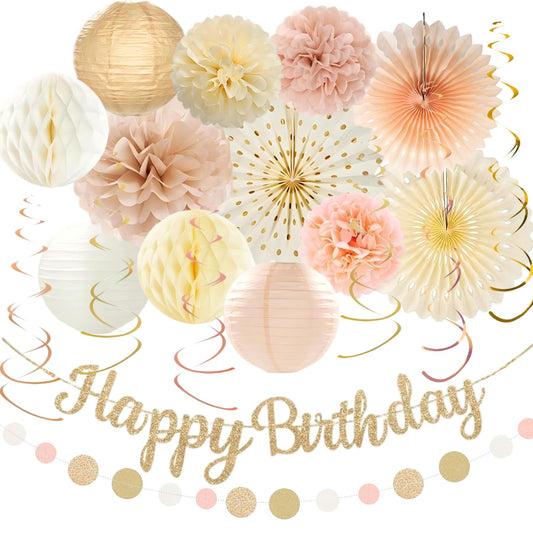 Champagne-Gold Birthday Party Decorations Kit-26 Piece- Glittery Banner,Peach and Cream Yellow Color Scheme Paper Decorations, Birthday Party Supplies for Women Girls Neutral Boho Birthday Party Decor