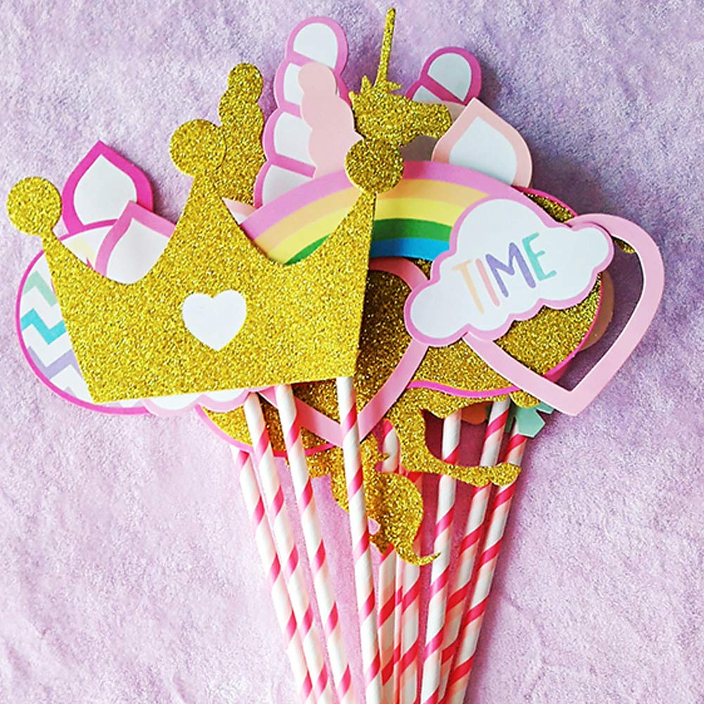 Glittery Pink and Gold Unicorn Photo Booth Props-12 PCS Fully Assembled