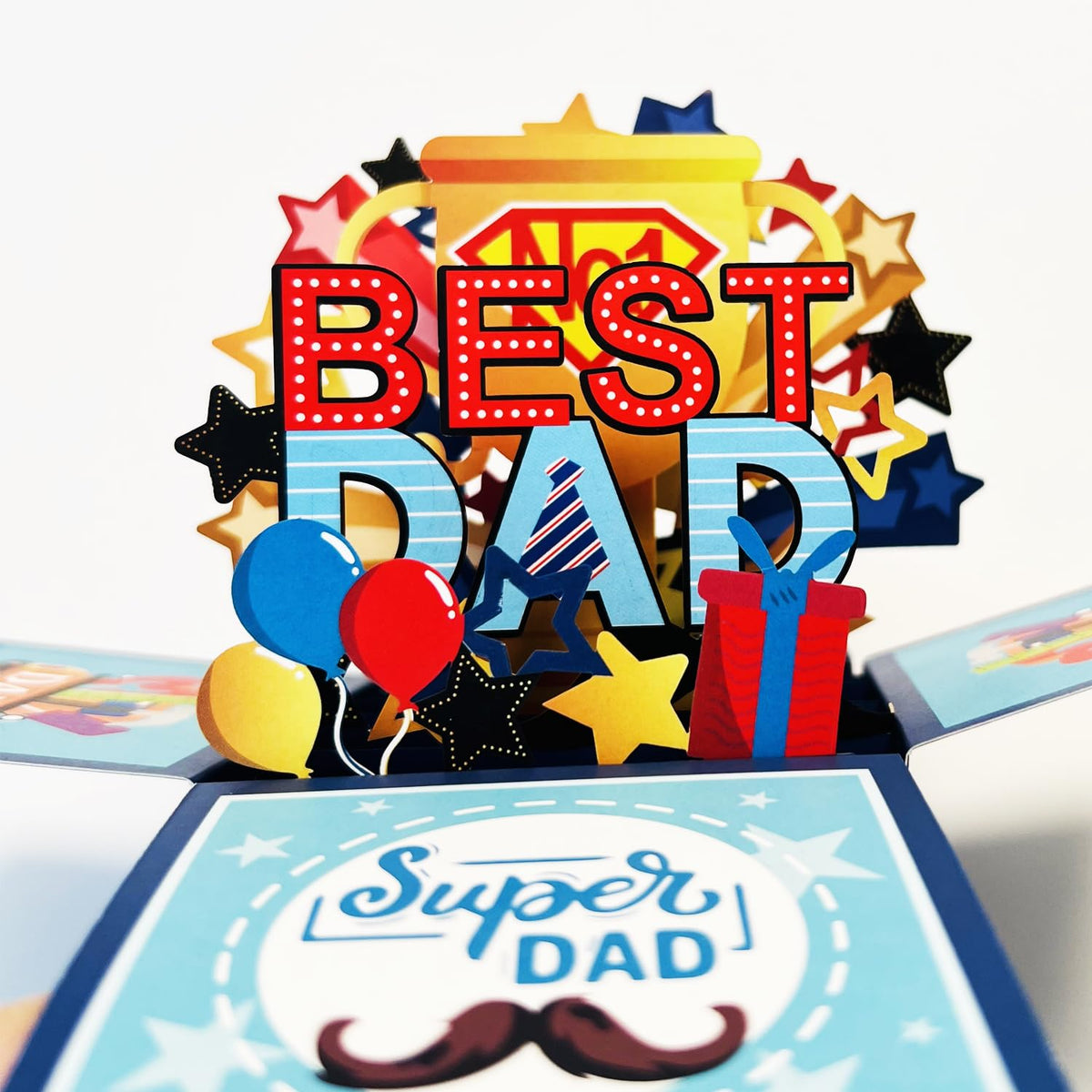 Seasons Stars SSDecor Best Dad Pop Up Card Father's Day Card, 3D Popup Greeting Card, Handmade Box Greeting Cards with Note Card and Envelope for Happy Fathers Day Dad Birthday Gift