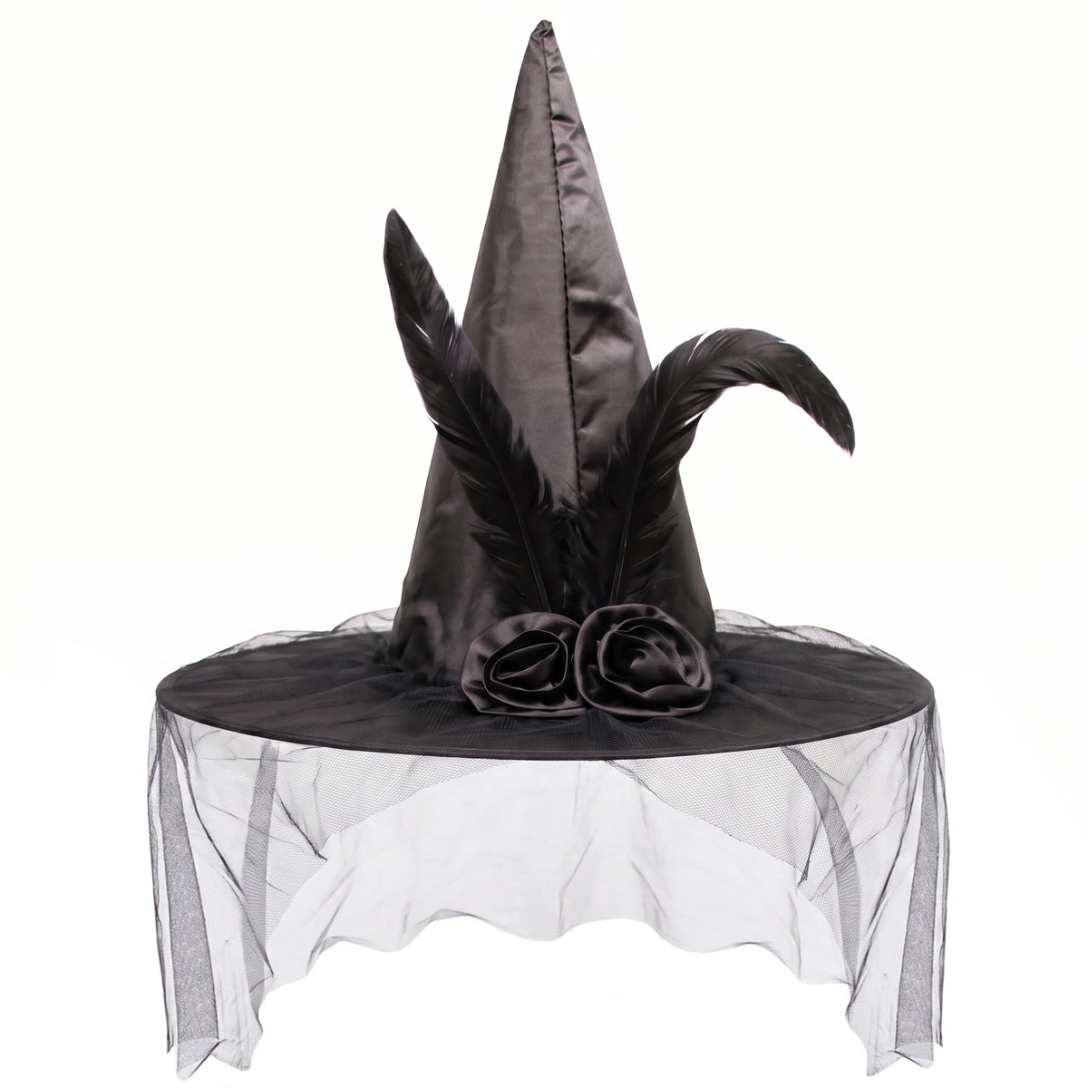 Halloween Black Witch Hat for Women with Elegant Flower Veil Feathers