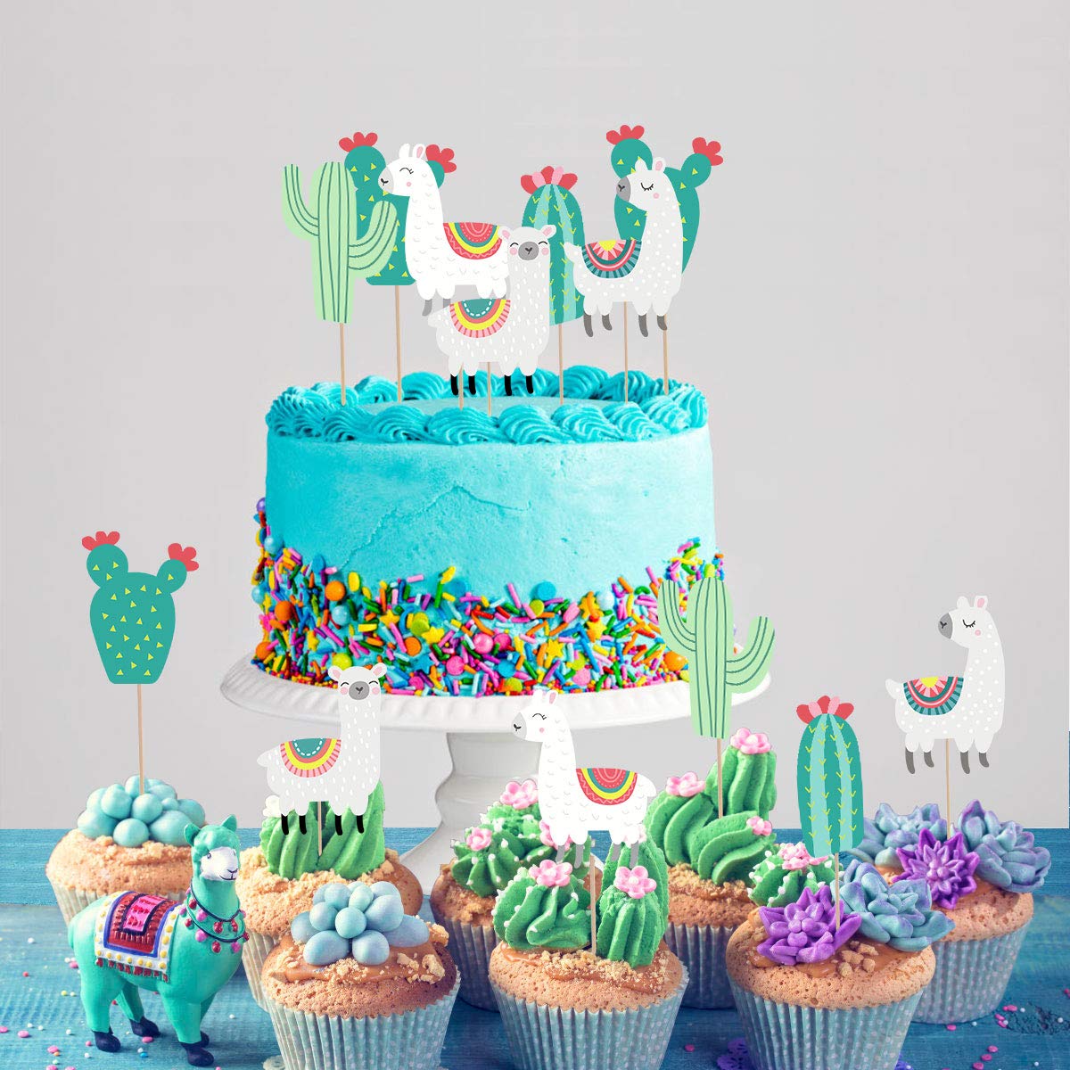 Llama Cactus Alpaca Cupcake Topper (48Pcs), Mexican Taco Llama Fiesta Cinco De Mayo Party Supplies Birthday Baby Shower Party Decorations