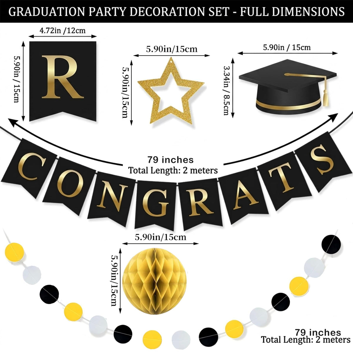 Graduation Decorations 2026-17Pcs Black and Gold Graduation Party Supplies, Congrats Grad Banner, Honeycomb Balls, Grad Hanging Swirls, Star Garlands - Class of 2026 Decor for College, High School