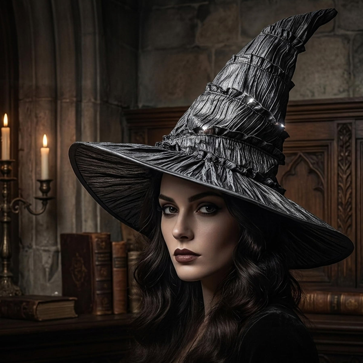 15.8" Halloween Black Ruched Witch Hat for Women Girls Costume
