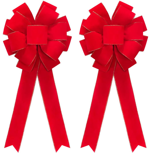 2pcs 24-Inch Velvet Red Bows for Christmas Tree, Handmade Christmas Bow Tree Topper-Gold Wire-Fluffy Sturdy Shape-Retaining, Gift Boxed & Ready-to-Use for Wreath Floral Fireplace Outdoor Car Garden