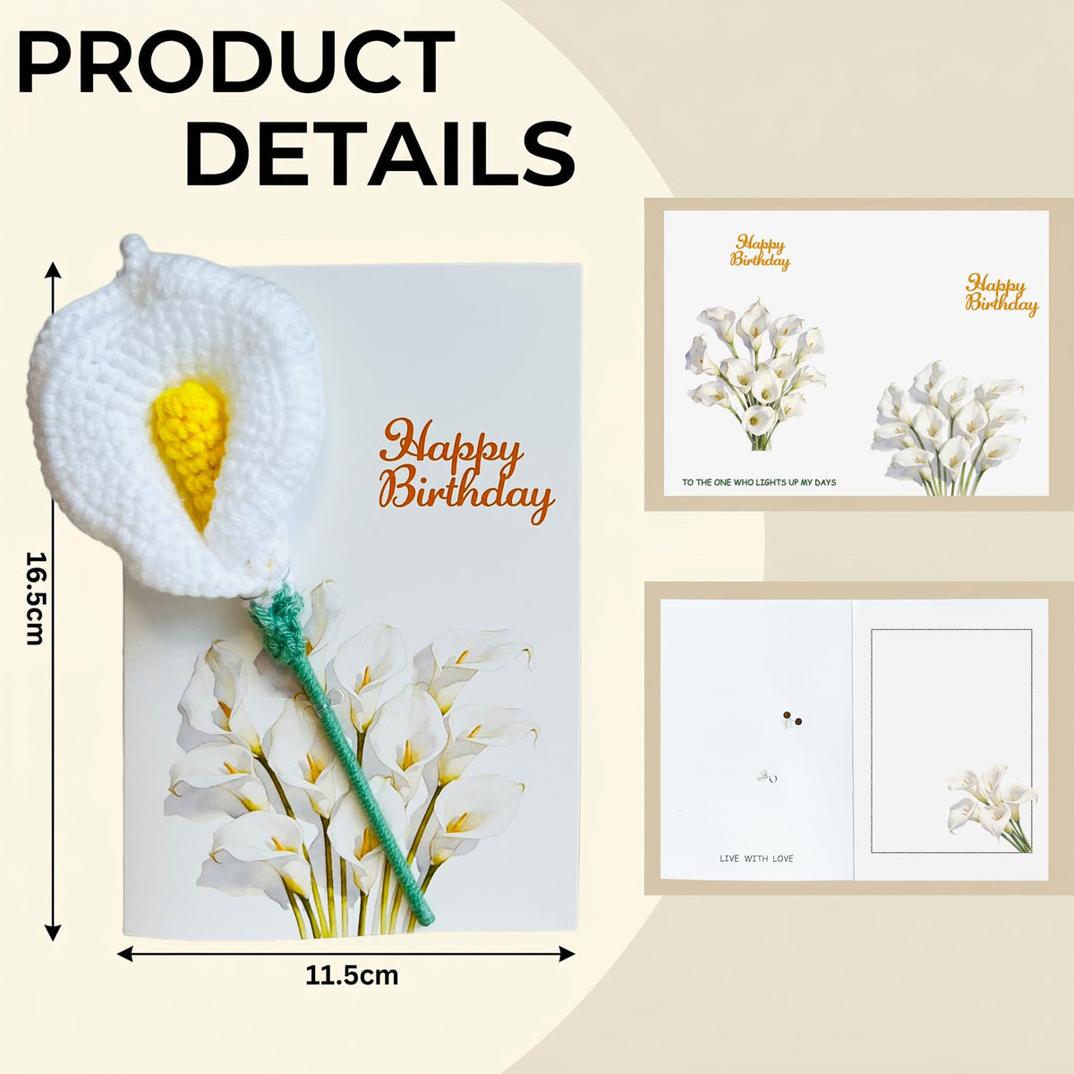 Crochet Calla Lily Birthday Card with Gift Box, Handmade Knitted Flower Greeting Card with Detachable Desk Ornament & Adjustable Stem, Elegant Pop Up Birthday Gifts for Mom, Women, Teacher,Grandma, Sister,Girls,Friends