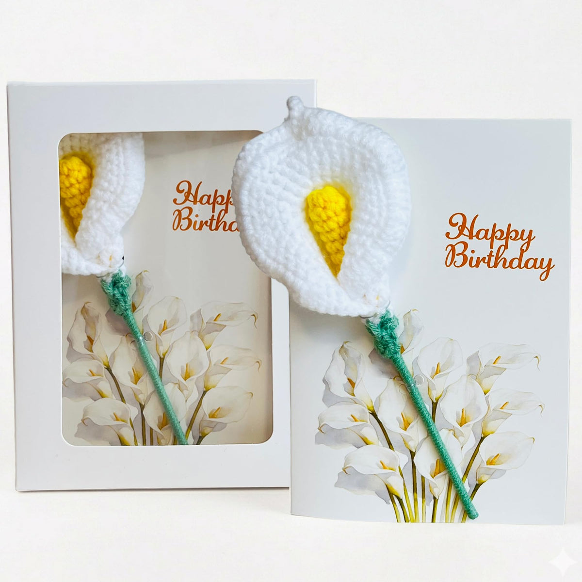 Crochet Calla Lily Birthday Card with Gift Box, Handmade Knitted Flower Greeting Card with Detachable Desk Ornament & Adjustable Stem, Elegant Pop Up Birthday Gifts for Mom, Women, Teacher,Grandma, Sister,Girls,Friends