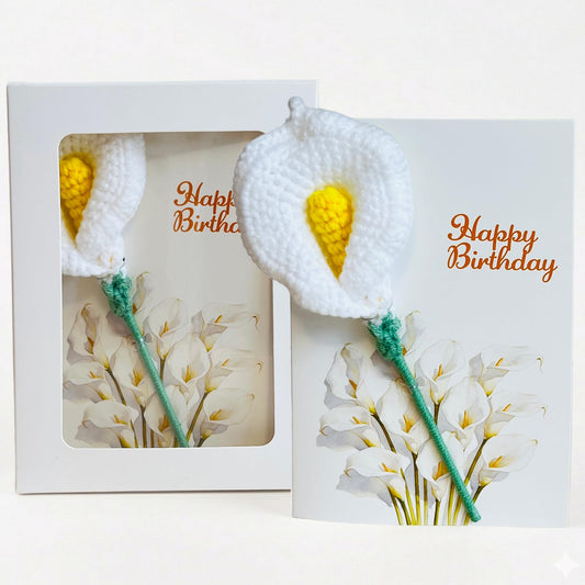 Crochet Calla Lily Birthday Card with Gift Box, Handmade Knitted Flower Greeting Card with Detachable Desk Ornament & Adjustable Stem, Elegant Pop Up Birthday Gifts for Mom, Women, Teacher,Grandma, Sister,Girls,Friends