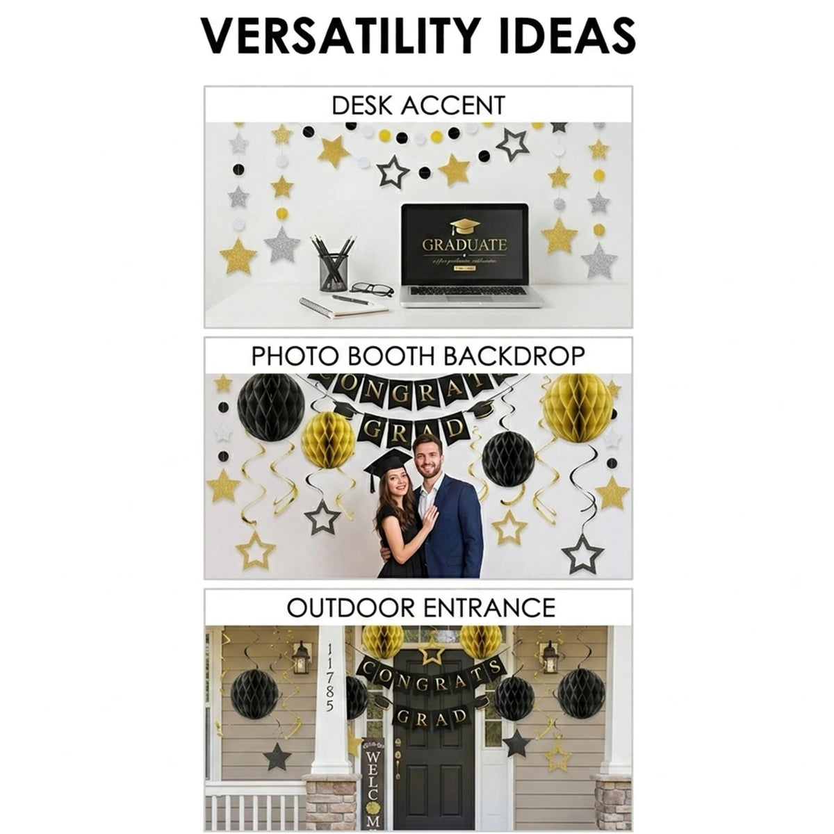 Graduation Decorations 2026-17Pcs Black and Gold Graduation Party Supplies, Congrats Grad Banner, Honeycomb Balls, Grad Hanging Swirls, Star Garlands - Class of 2026 Decor for College, High School