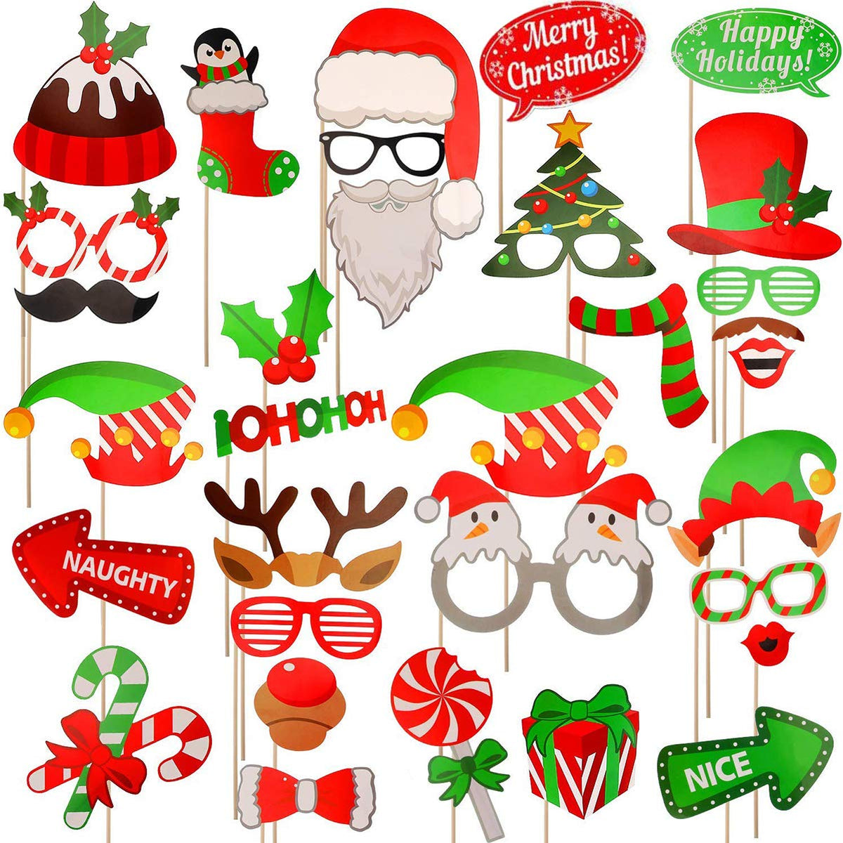 Christmas Photo Booth Props 32Pcs（Upgraded Version）, Merry Christmas Party Pose Sign, Red and Green Xmas Party Supplies Decorations