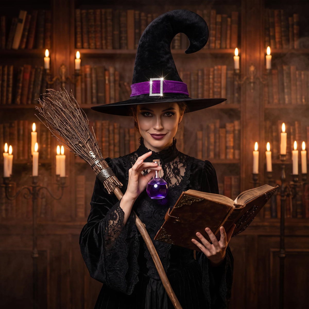 Halloween Black Velvet Witch Hat with Purple Band and Buckle
