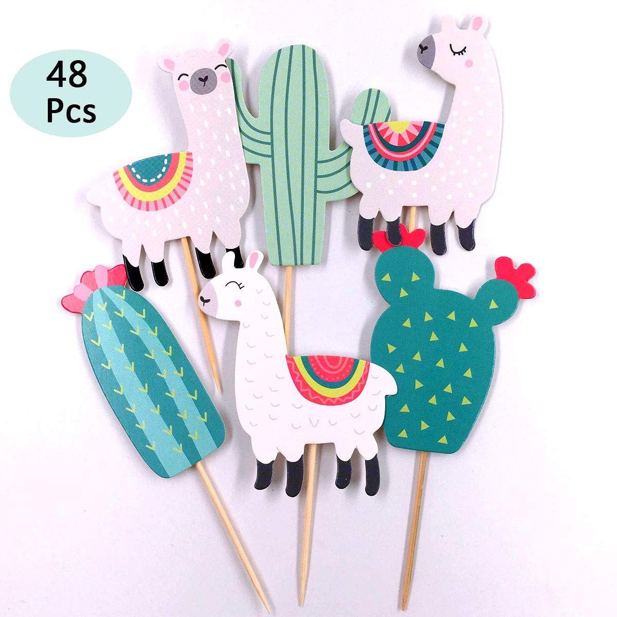 Llama Cactus Alpaca Cupcake Topper (48Pcs), Mexican Taco Llama Fiesta Cinco De Mayo Party Supplies Birthday Baby Shower Party Decorations