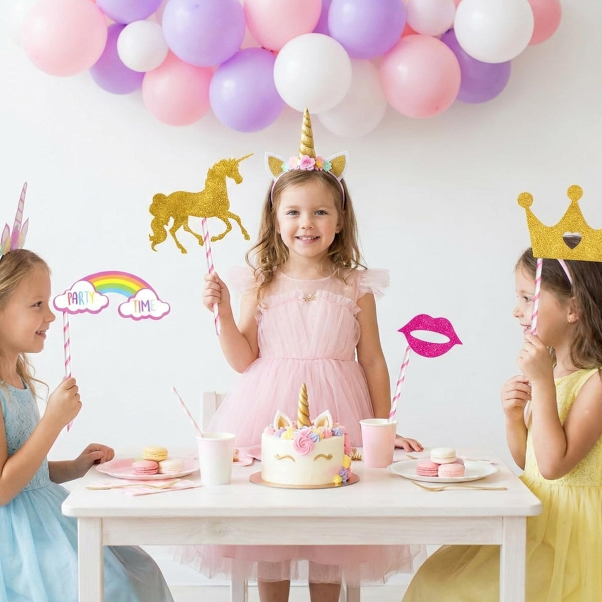 Glittery Pink and Gold Unicorn Photo Booth Props-12 PCS Fully Assembled