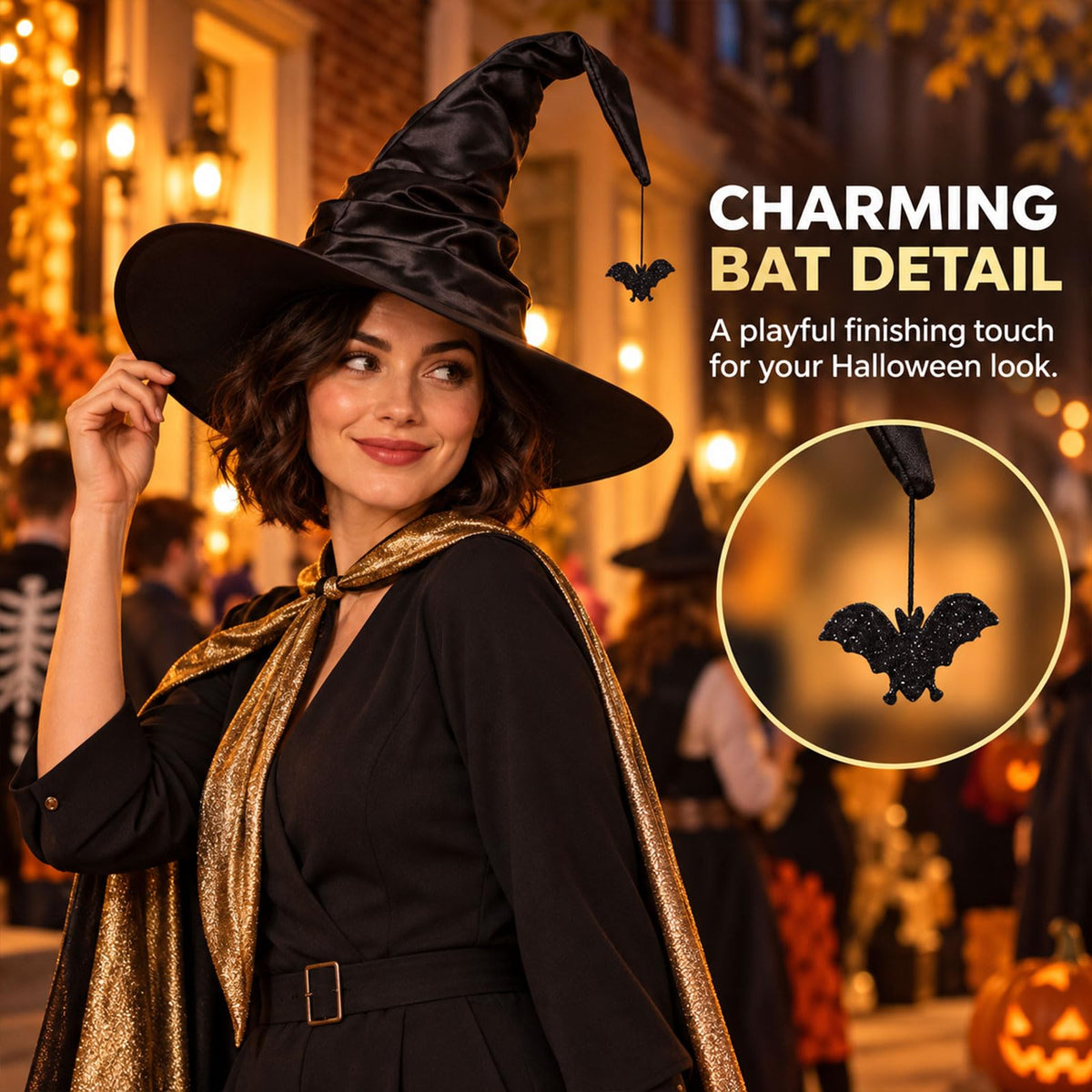 Black Witch Hat for Adults with Bat, 16”Satin Halloween Costume Hat