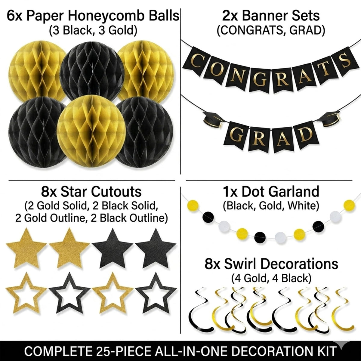 Graduation Decorations 2026-17Pcs Black and Gold Graduation Party Supplies, Congrats Grad Banner, Honeycomb Balls, Grad Hanging Swirls, Star Garlands - Class of 2026 Decor for College, High School