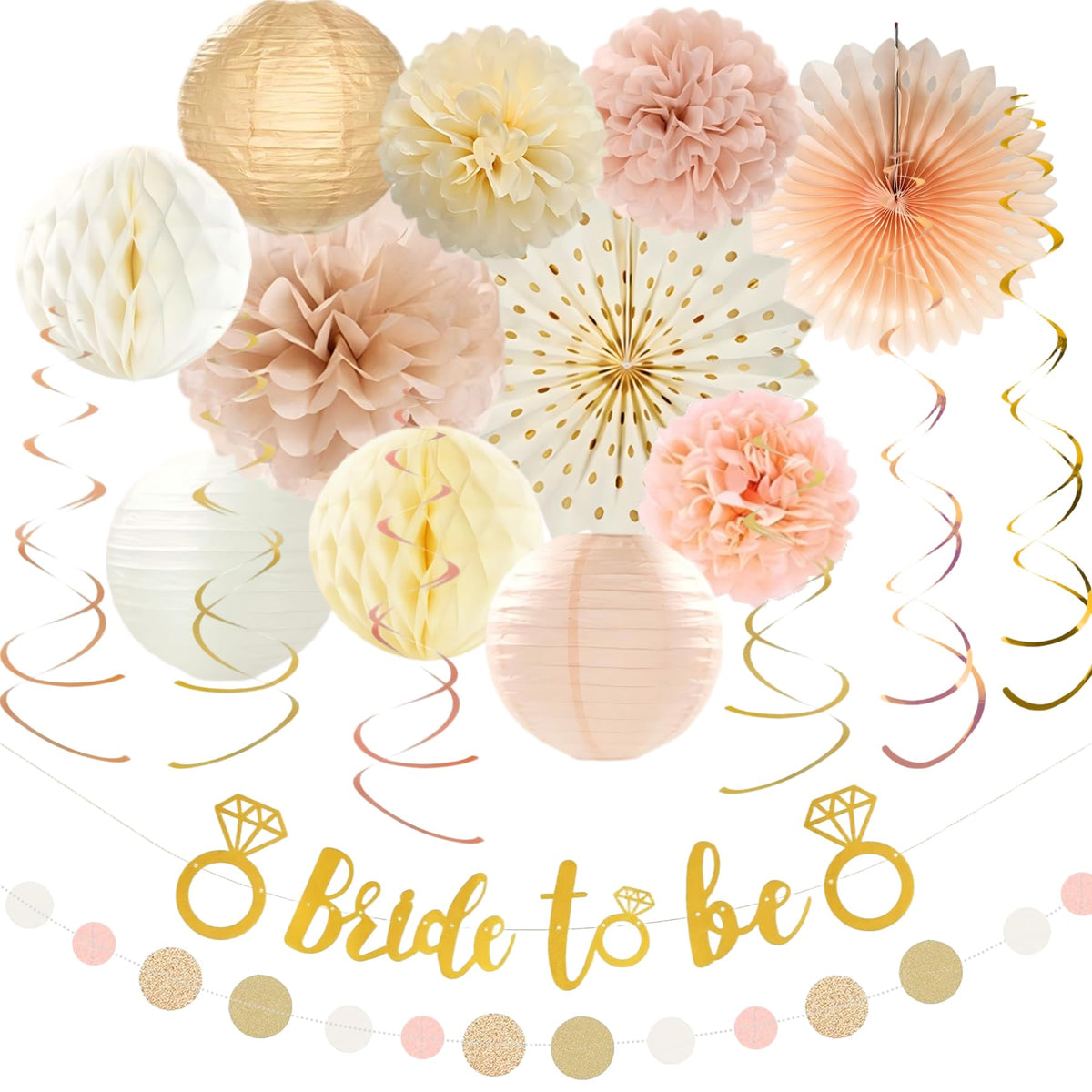 Champagne-Gold Bride to Be Decorations Kit - 26Pcs Elegant Dusty Pink Gold and Khaki Party Supplies with Pre-Strung Glittery Banner for Boho Bridal Shower, Engagement & Bachelorette Party