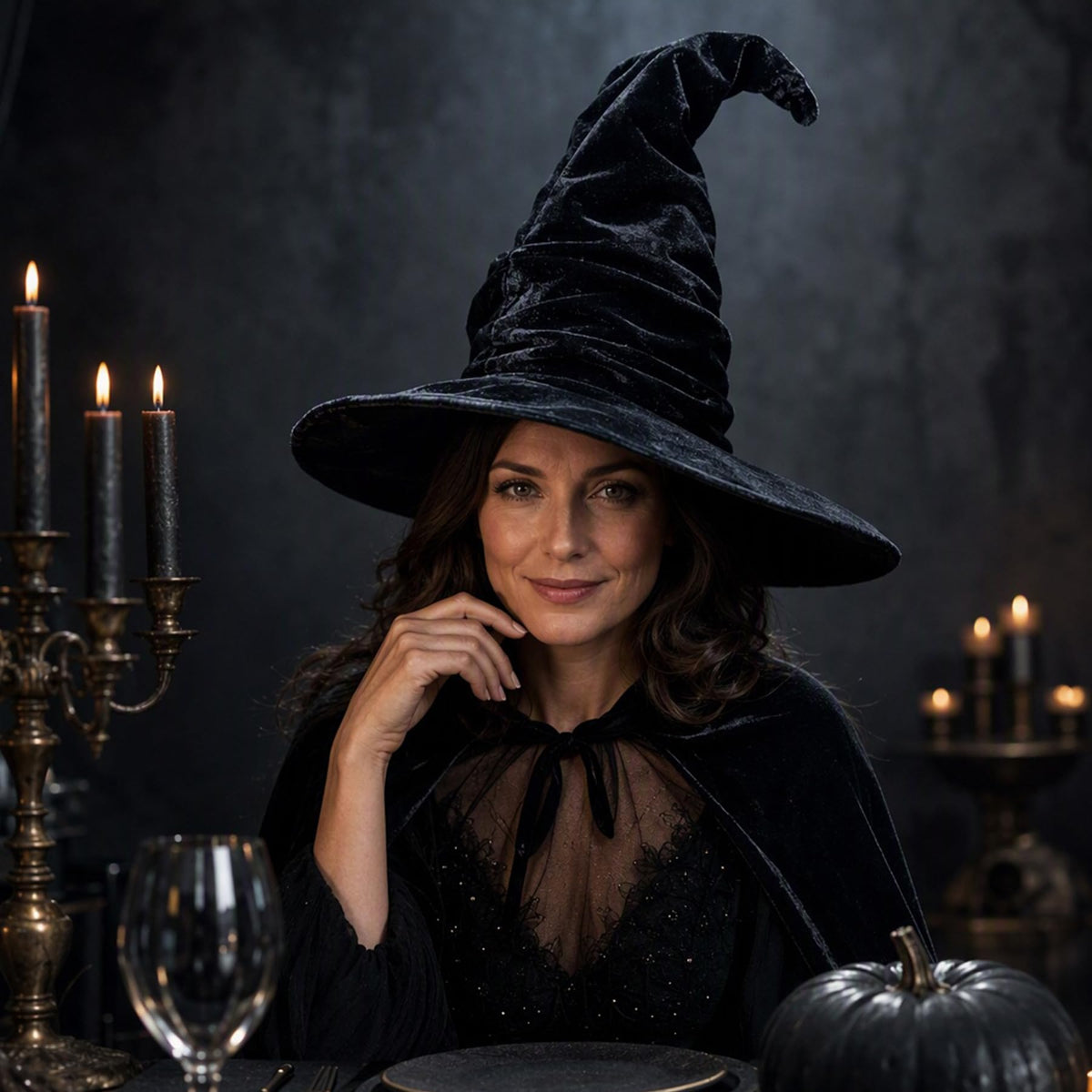 15.8 Inch Ruched Halloween Black Velvet Witch Hat for Women Girls