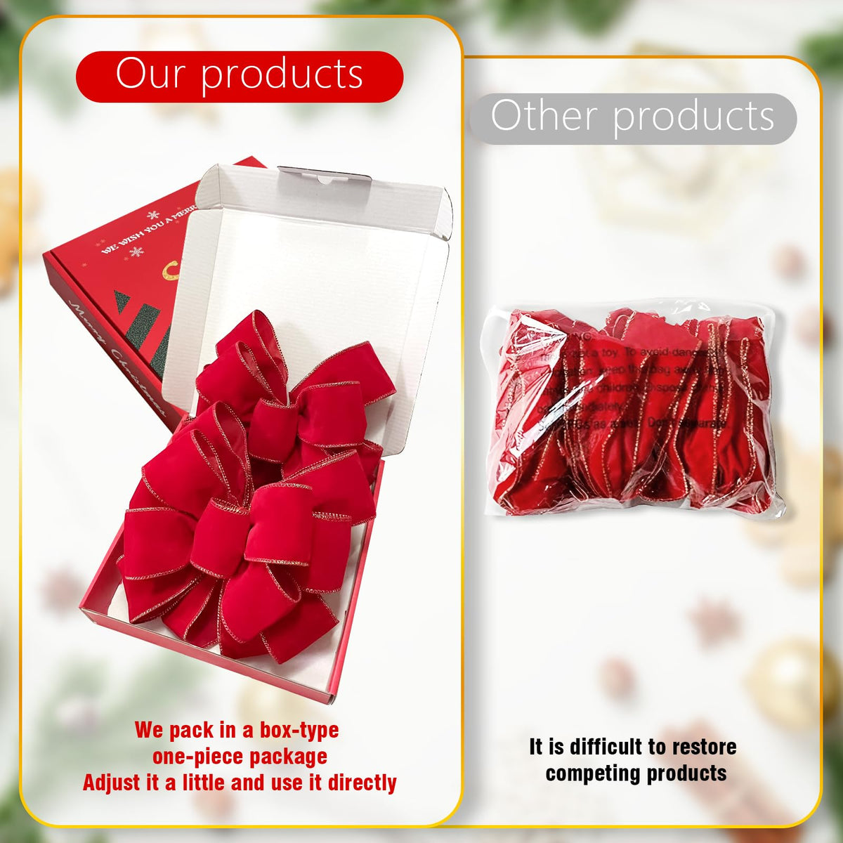 2pcs 20-Inch Velvet Red Bows for Christmas Tree, Handmade Christmas Bow Tree Topper-Gold Wire-Fluffy Sturdy Shape-Retaining, Gift Boxed & Ready-to-Use for Wreath Floral Fireplace Outdoor Car Garden