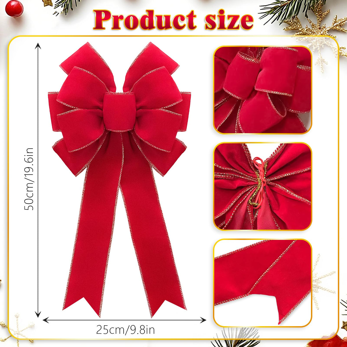 2pcs 20-Inch Velvet Red Bows for Christmas Tree, Handmade Christmas Bow Tree Topper-Gold Wire-Fluffy Sturdy Shape-Retaining, Gift Boxed & Ready-to-Use for Wreath Floral Fireplace Outdoor Car Garden