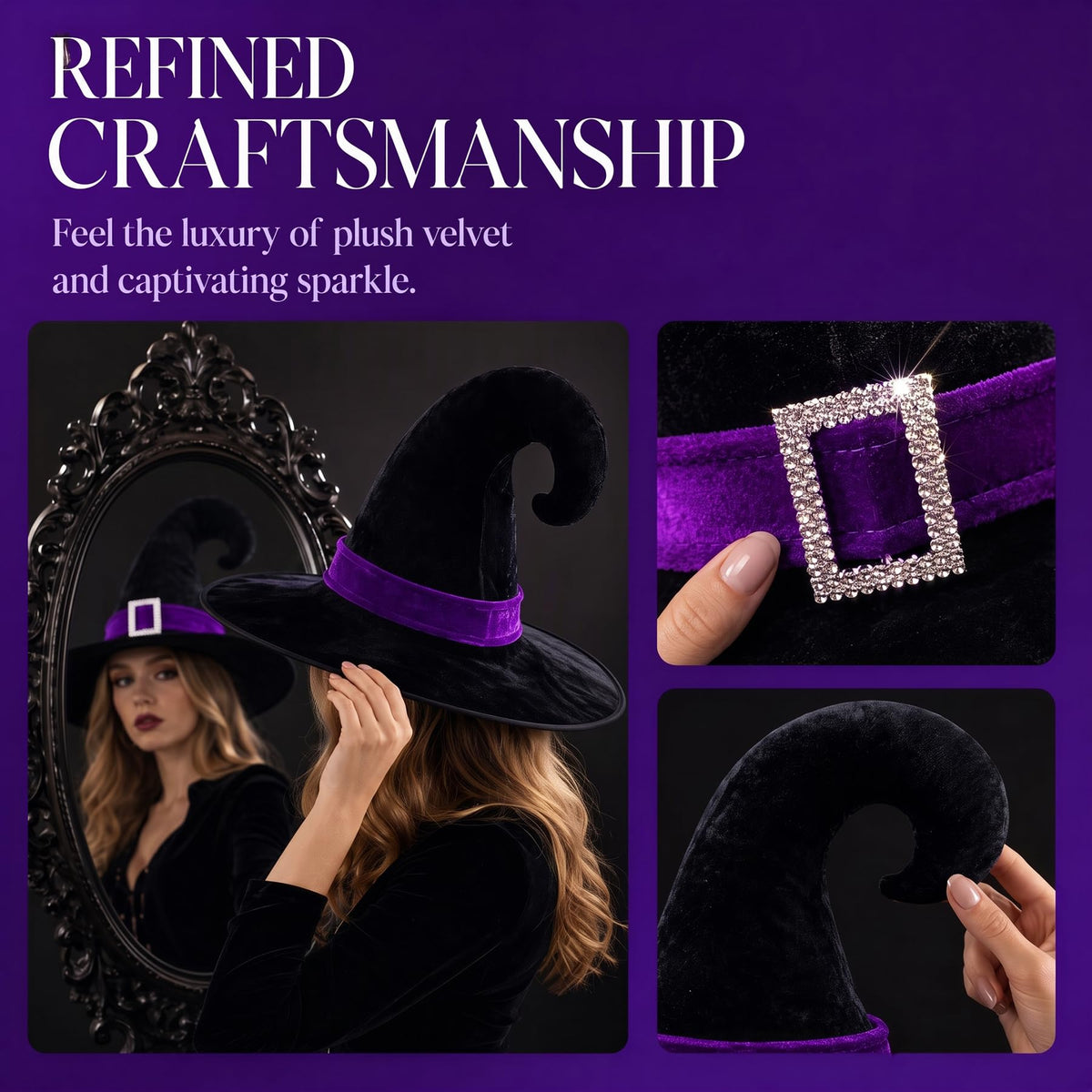 Halloween Black Velvet Witch Hat with Purple Band and Buckle