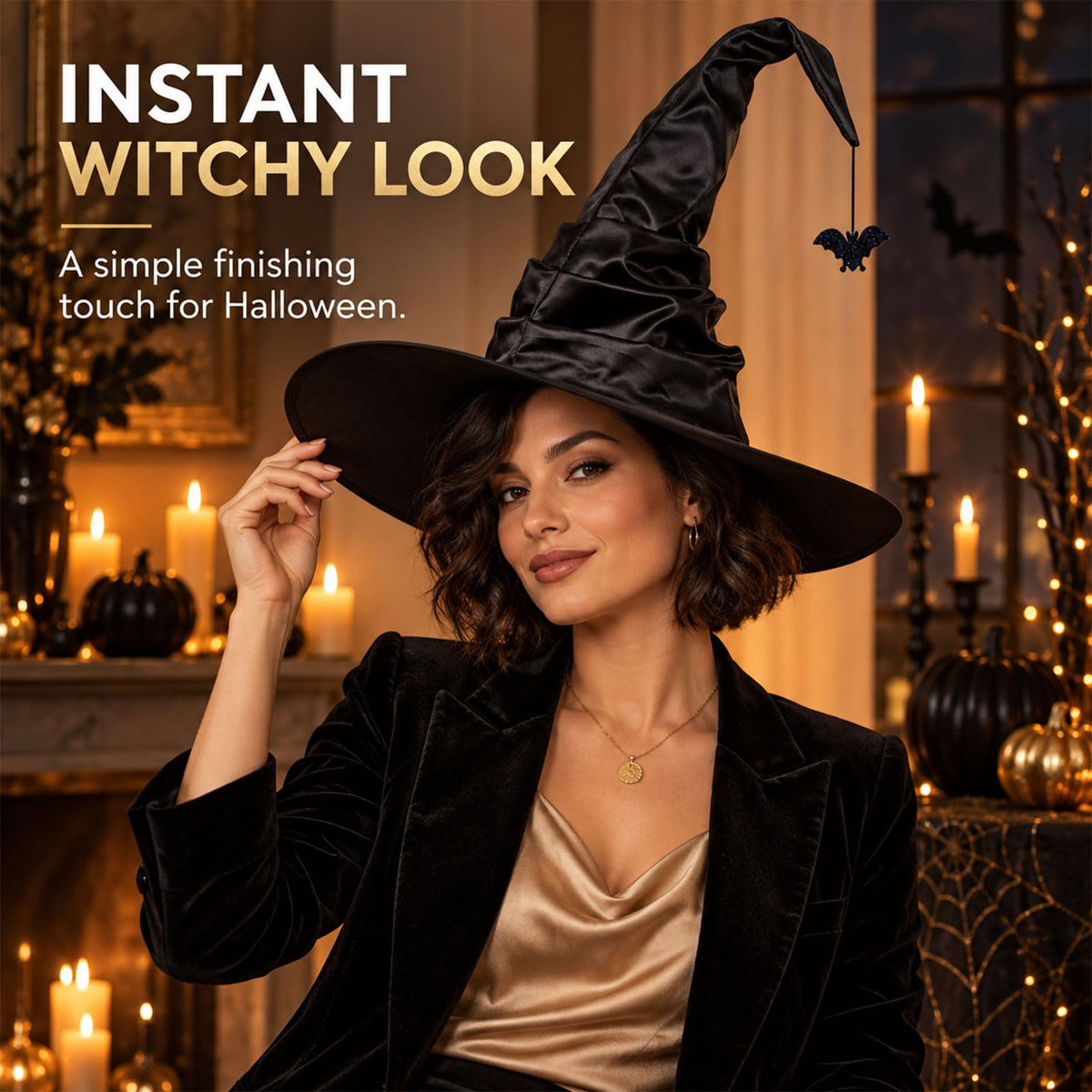 Black Witch Hat for Adults with Bat, 16”Satin Halloween Costume Hat