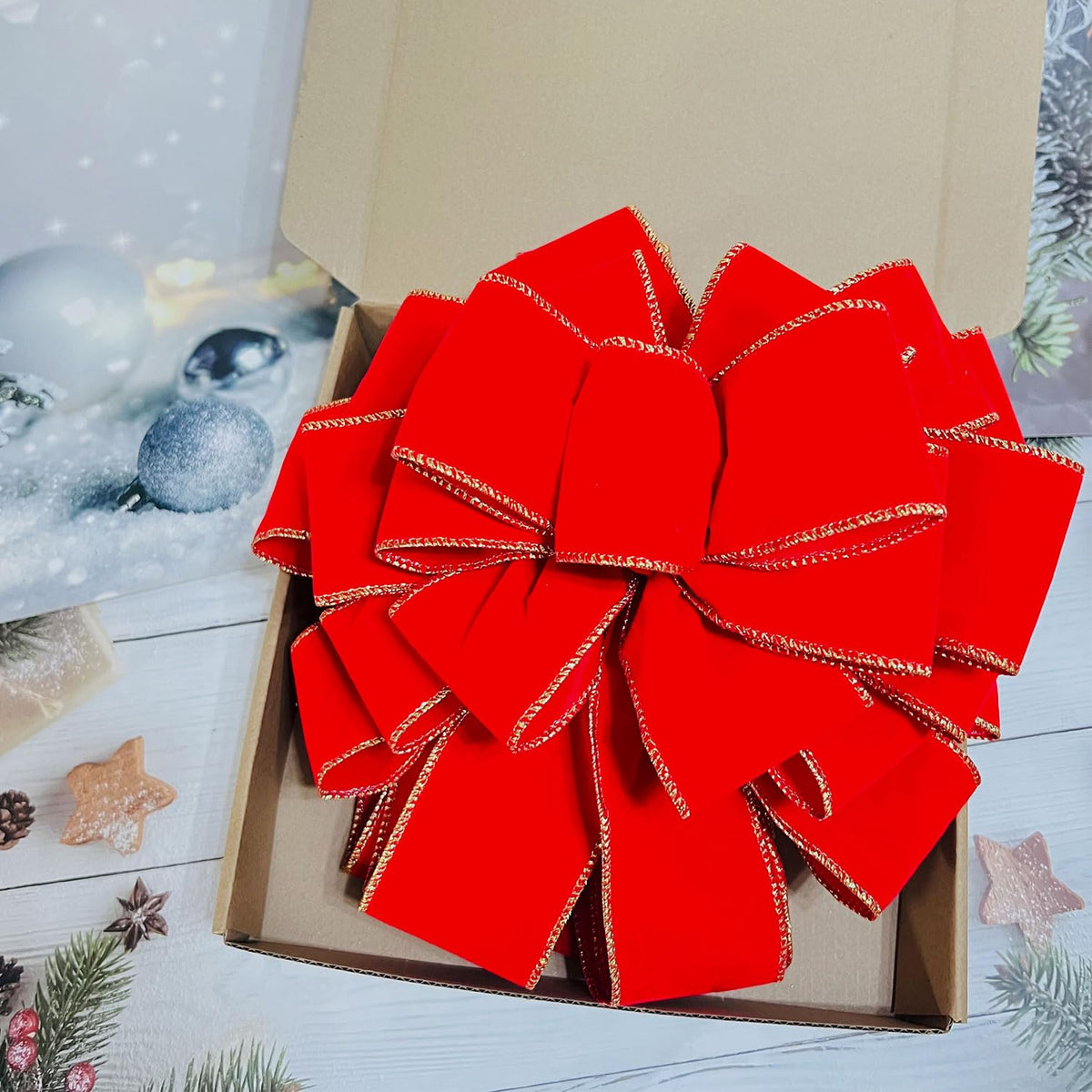Christmas Large Bows Gift Boxed, 45x12 Inches Gold Wired Red Velvet Bows with Long Tails for Wreath Floral, Christmas Tree Topper, Outside Red Bowknot for Wedding Car Garden Yard Front Door