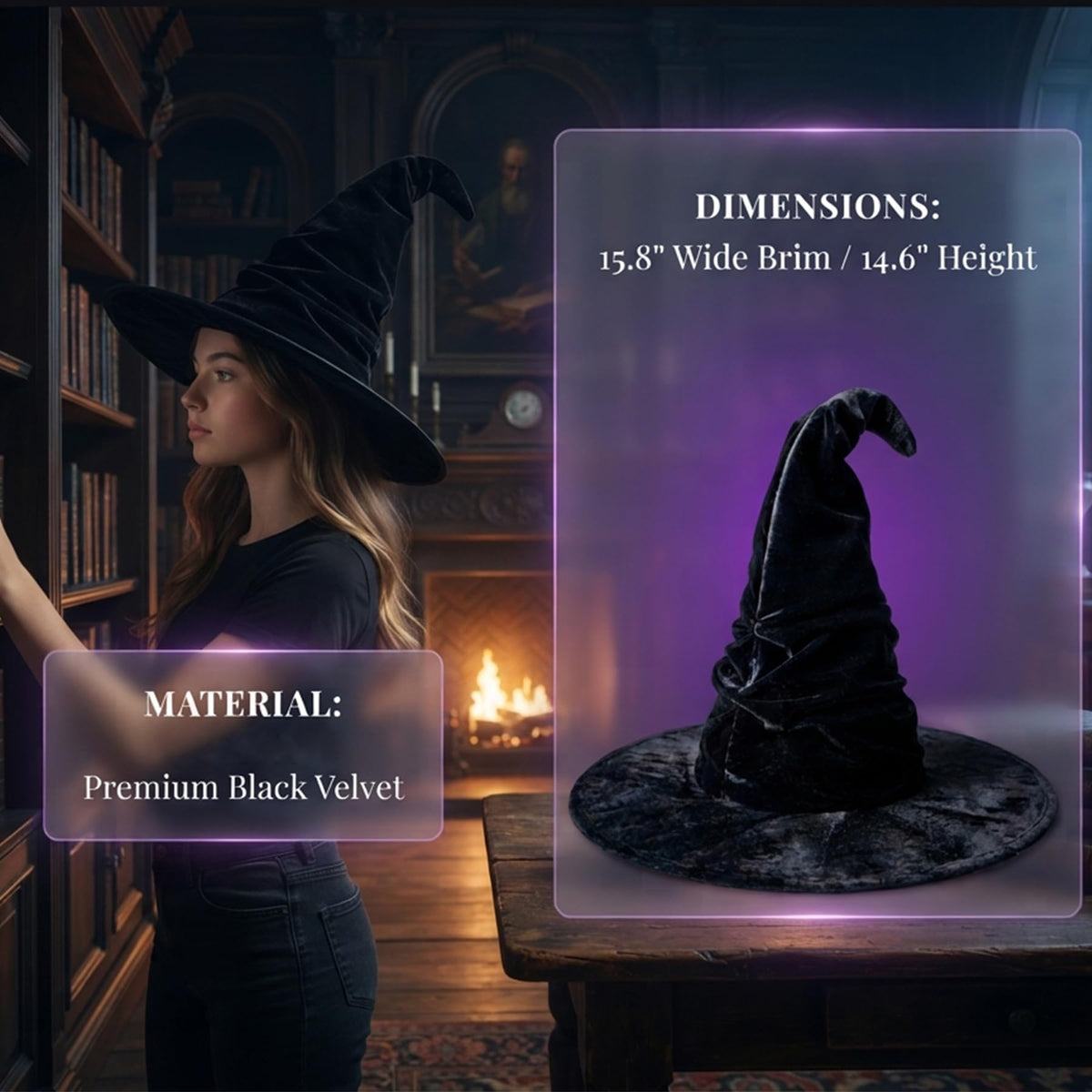 15.8 Inch Ruched Halloween Black Velvet Witch Hat for Women Girls
