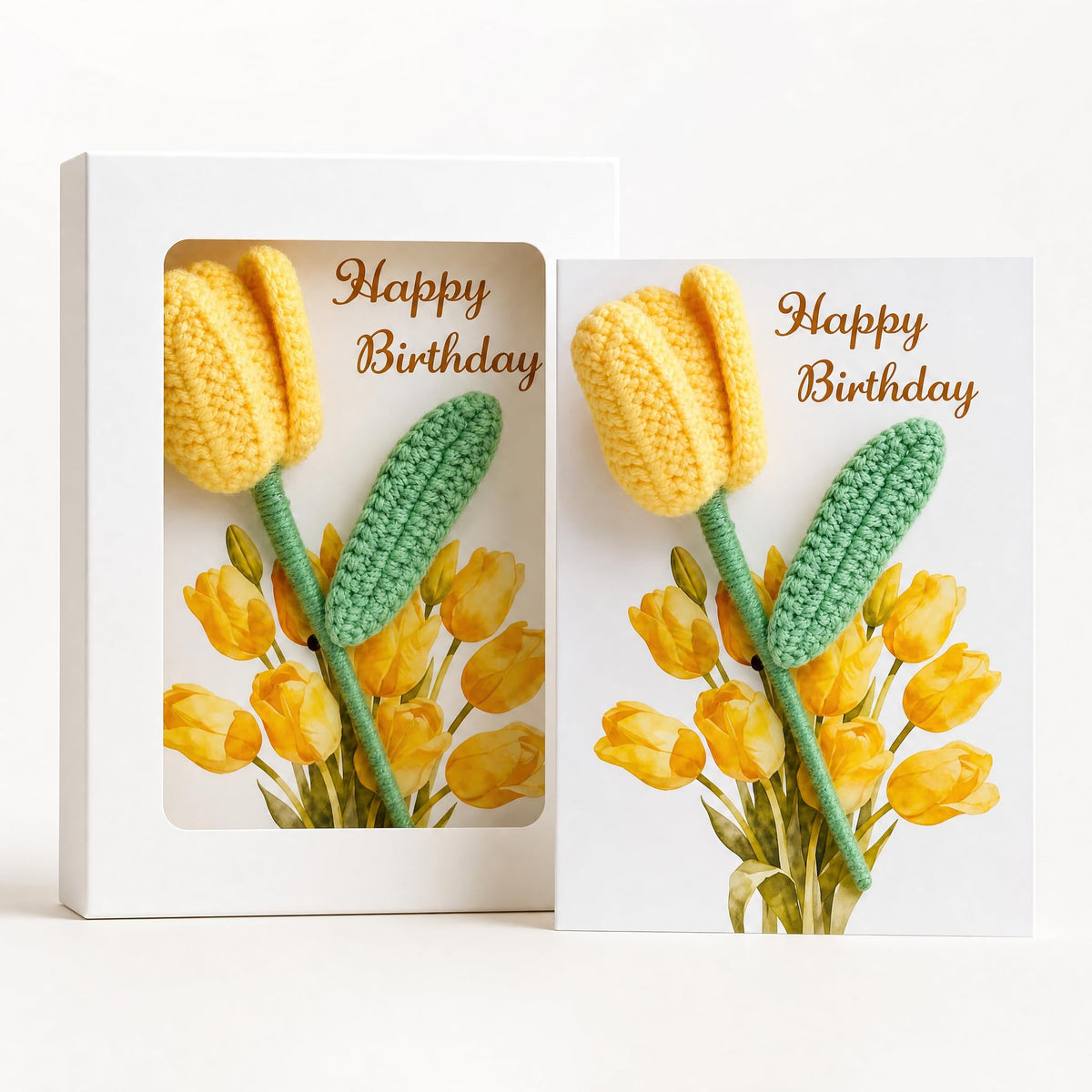 Crochet Tulip Birthday Card with Gift Box, Handmade Knitted Greeting Card, Detachable Desk Ornament & Adjustable Leaves, Unique Pop Up Birthday Gifts for Friends, Women, Sister