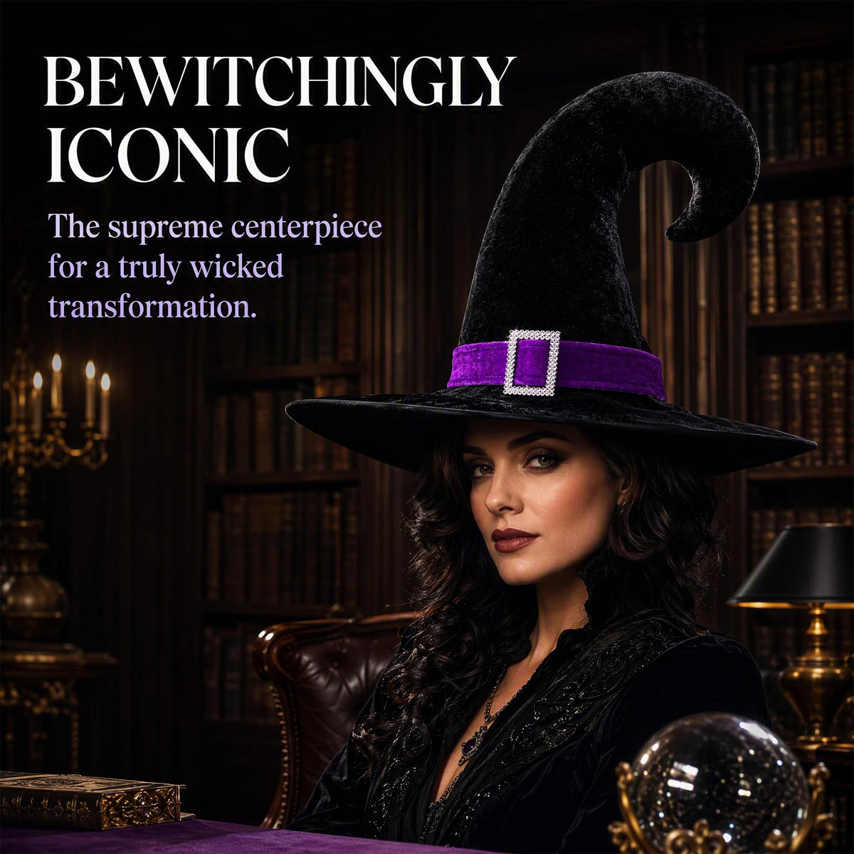 Halloween Black Velvet Witch Hat with Purple Band and Buckle