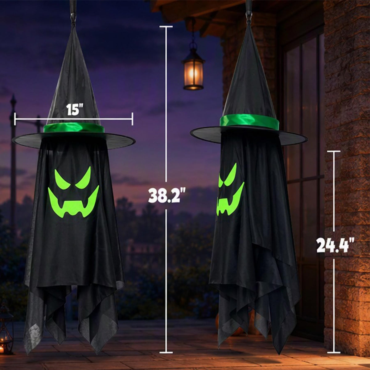 2 Pack Halloween Hanging Floating Witch Hats with Ghost Veil 15" x 38"