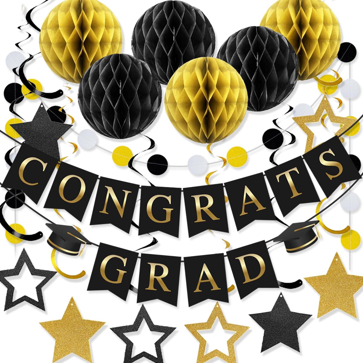 Graduation Decorations 2026-17Pcs Black and Gold Graduation Party Supplies, Congrats Grad Banner, Honeycomb Balls, Grad Hanging Swirls, Star Garlands - Class of 2026 Decor for College, High School