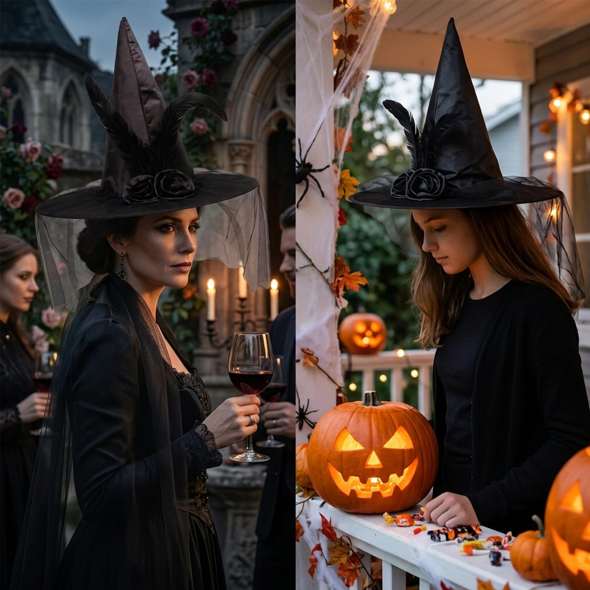 Halloween Black Witch Hat for Women with Elegant Flower Veil Feathers