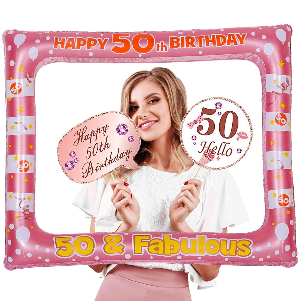 50th Birthday Inflatable Selfie Photo Frame with Photo Booth Props Set, 50 Birthday Party Selfie Props and Frame(21x27 Inches) for Pictures and Decorations Women’s 50th Birthday Party Supplies