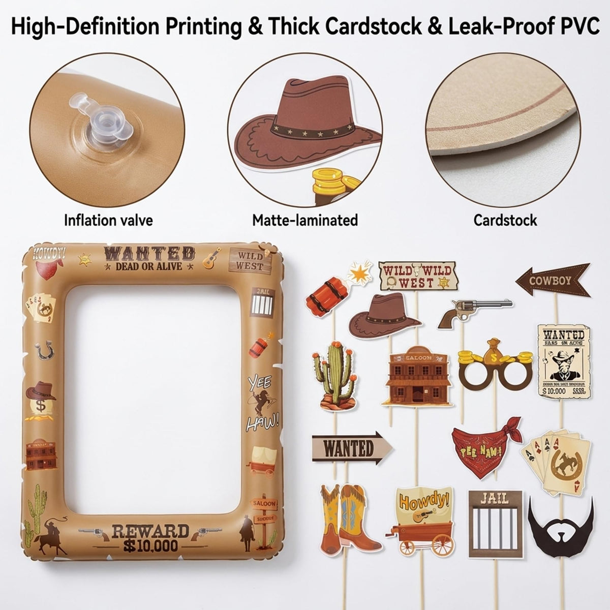 Western Cowboy Photo Booth Props 16 Pcs with Inflatable Selfie Frame, Wild West Party Decorations, Cowgirl Wanted Sign Picture Frame with Sticks for Rodeo Birthday Baby Shower Country Party