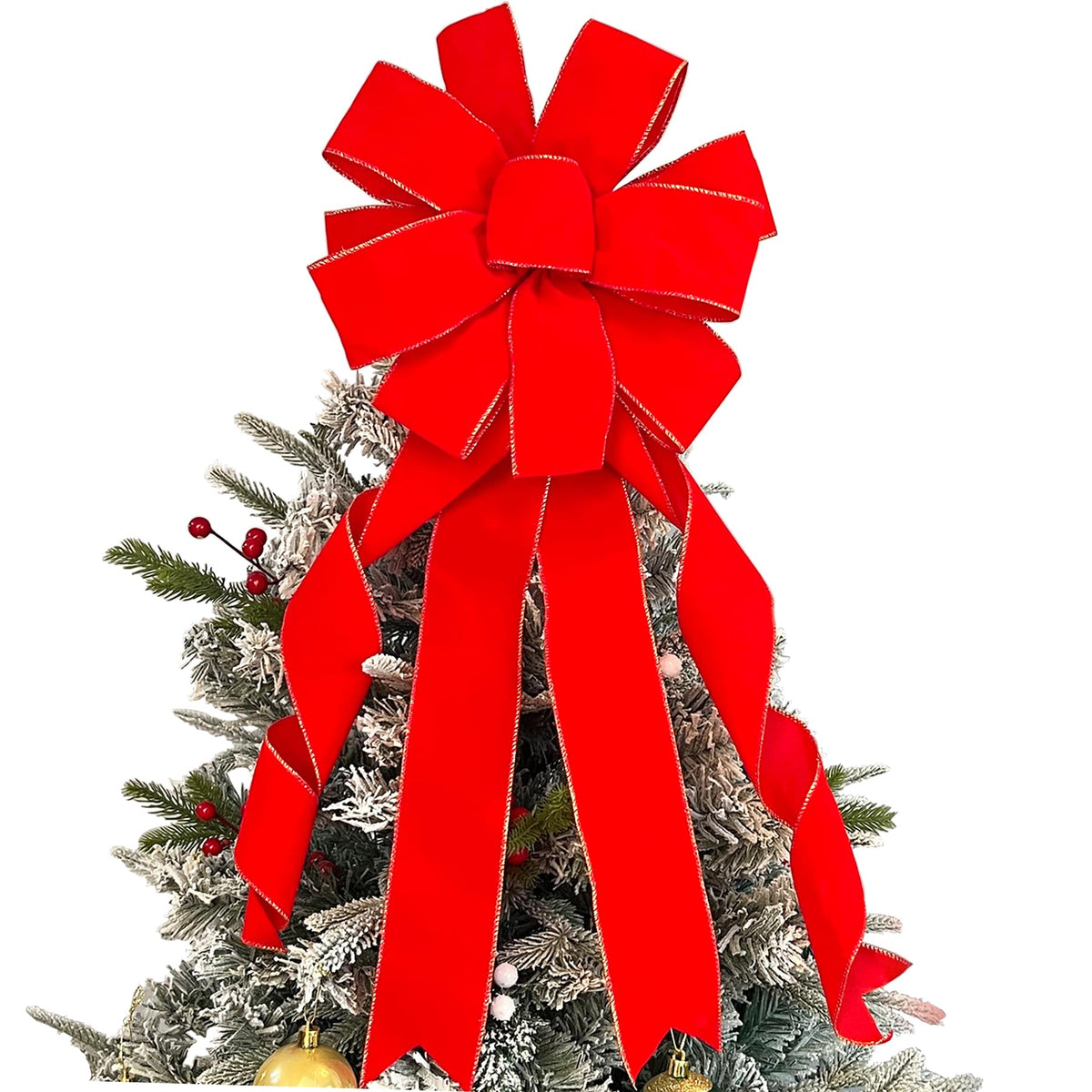 2pcs 31-Inch Velvet Red Bows for Christmas Tree, Handmade Christmas Bow Tree Topper-Gold Wire-Fluffy Sturdy Shape-Retaining, Gift Boxed & Ready-to-Use for Wreath Floral Fireplace Outdoor Car Garden