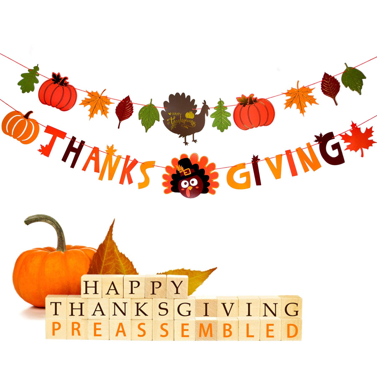 Thanks Giving Banners(Pre-Assembled)Fall Maple Leaves Pumpkins Turkeys Banner for Thanksgiving Day, Happy Thanksgiving Fall Party Sign Banner Garland Decoration for Mantle Dinner Table Fireplace