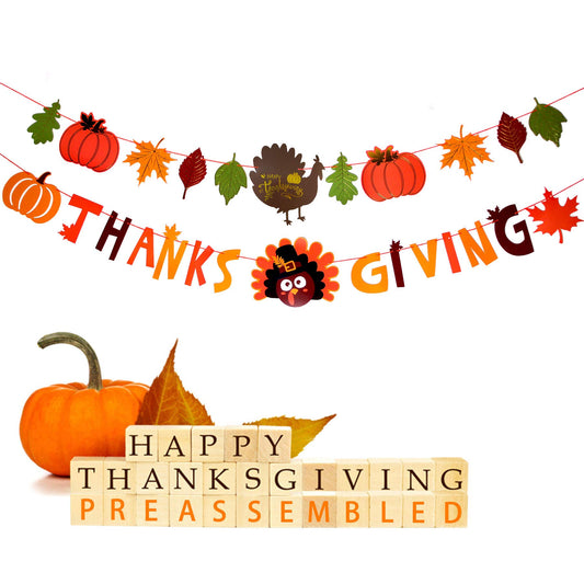 Thanks Giving Banners(Pre-Assembled)Fall Maple Leaves Pumpkins Turkeys Banner for Thanksgiving Day, Happy Thanksgiving Fall Party Sign Banner Garland Decoration for Mantle Dinner Table Fireplace
