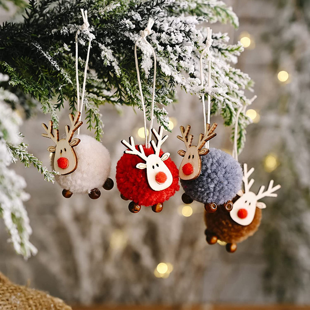 Christmas Ornaments 8Pcs Wool Reindeer Plush Elk Hanging Ornaments, Christmas Tree Deer Slices Pendants, Holiday Wooden Hanging Decorations for Xmas Party Indoor/Outdoor