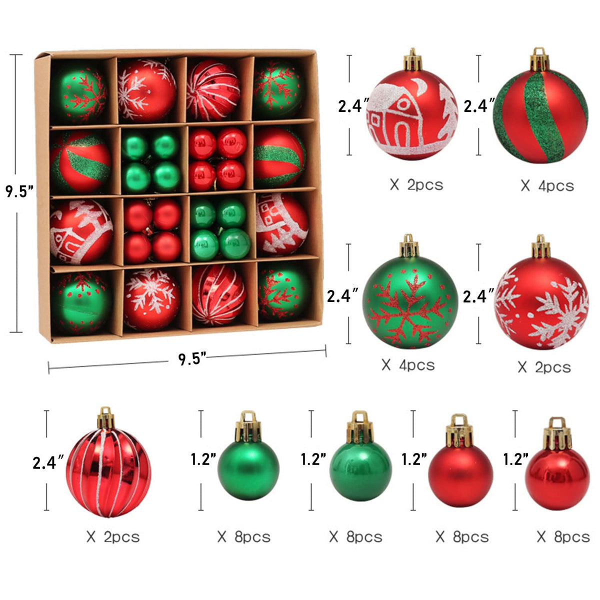 44Ct Red Green Christmas Tree Ball Assorted Ornaments Pendants, 2.4" Christmas Shatterproof Shine Ball Decoration for Christmas Tree Holiday