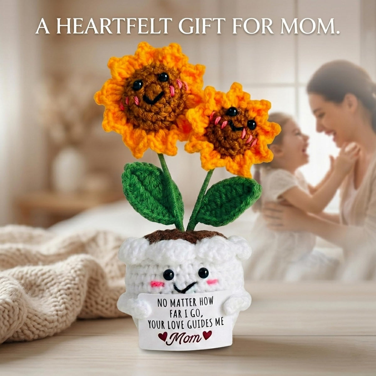 Seasons Stars SSDecor Gifts for Mom-Handmade Eternal Lovable Crochet Sunflower in Cute Pot with Emotional Message Card Ideas, Mom Birthday Gifts from Daughter, Ideas, Mama Gift
