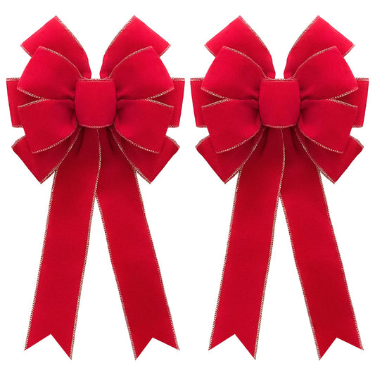 2pcs 20-Inch Velvet Red Bows for Christmas Tree, Handmade Christmas Bow Tree Topper-Gold Wire-Fluffy Sturdy Shape-Retaining, Gift Boxed & Ready-to-Use for Wreath Floral Fireplace Outdoor Car Garden