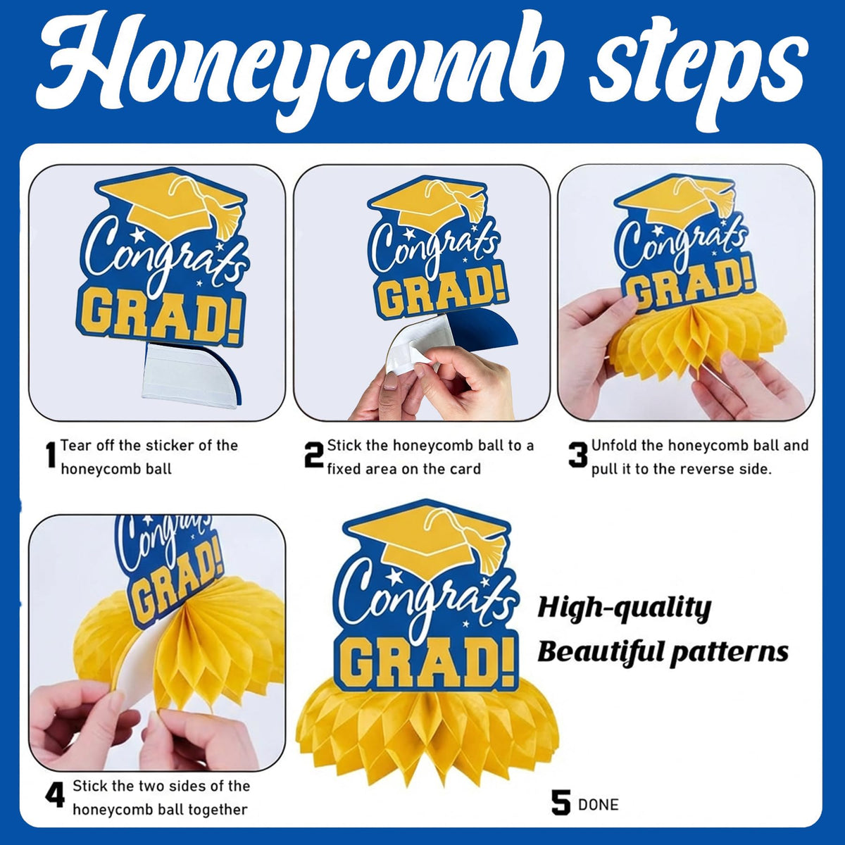 Graduation Party Decorations 2026, Blue and Gold Glitter Congrats Grad Pre-Strung Banner & Star Garlands, 24PCS Class of 2026 Hanging Swirls & Honeycomb Centerpieces for High School/College Grad Decor