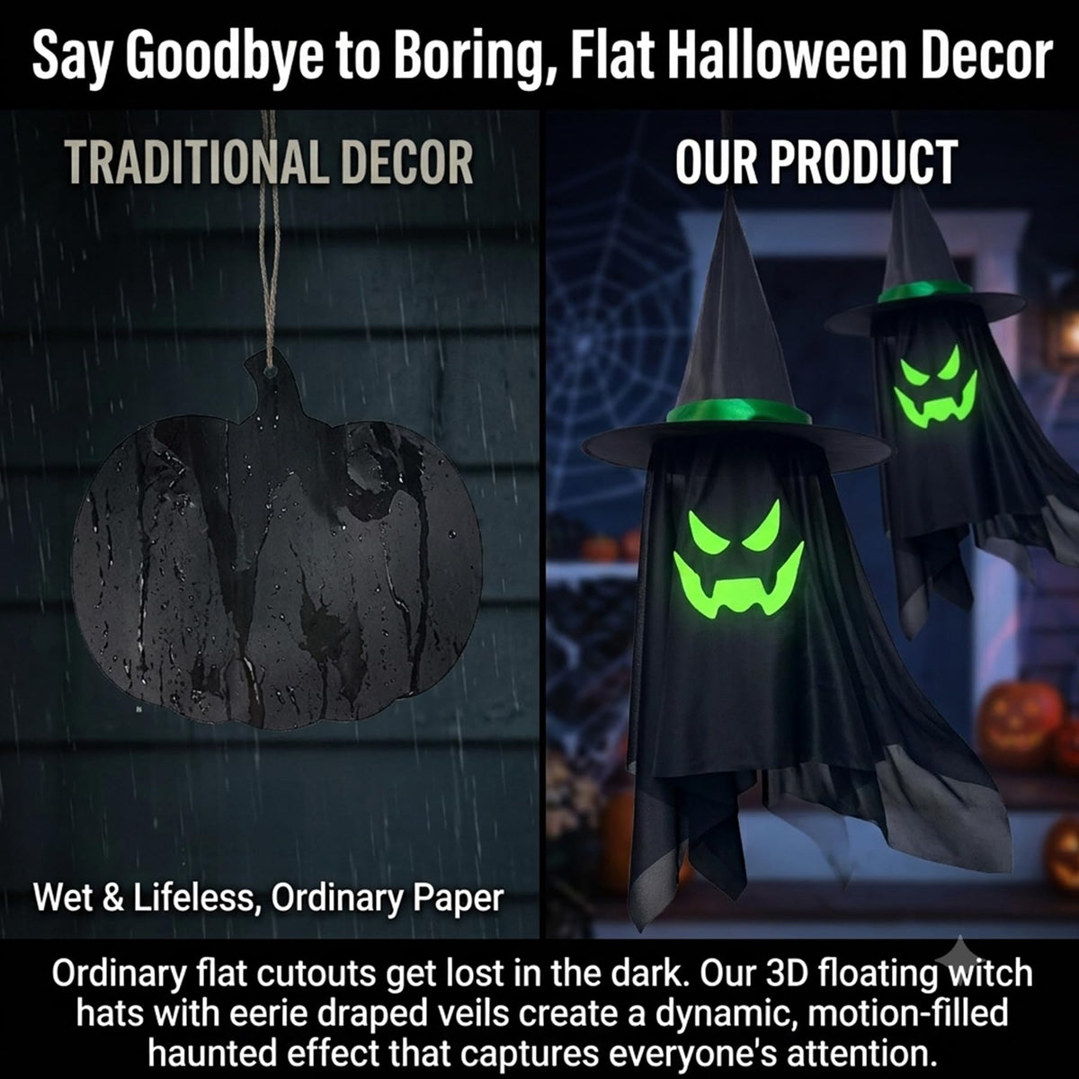 2 Pack Halloween Hanging Floating Witch Hats with Ghost Veil 15" x 38"