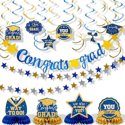 Graduation Party Decorations 2026, Blue and Gold Glitter Congrats Grad Pre-Strung Banner & Star Garlands, 24PCS Class of 2026 Hanging Swirls & Honeycomb Centerpieces for High School/College Grad Decor