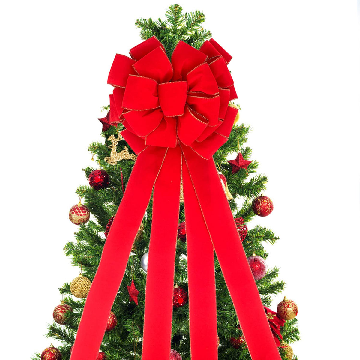 47in Velvet Red Bow for Christmas Tree Topper with 4 Long Tails, Waterproof Large Velvet Christmas Bows with Gift Box for Front Door, Garage, Car, Door, House Holiday Decoration