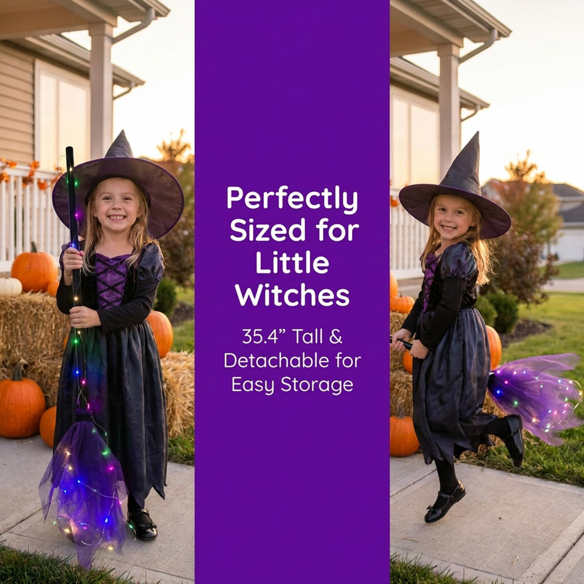 Light Up Witch Broom Halloween Prop Lighted Purple Tulle Broomstick for Kid